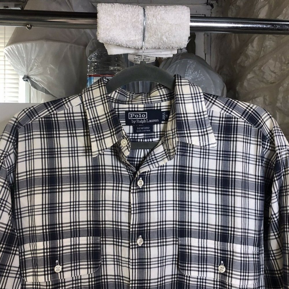 Vintage Polo Ralph Lauren Mens Shirt M Black White Plaid Cotton Benford Fit